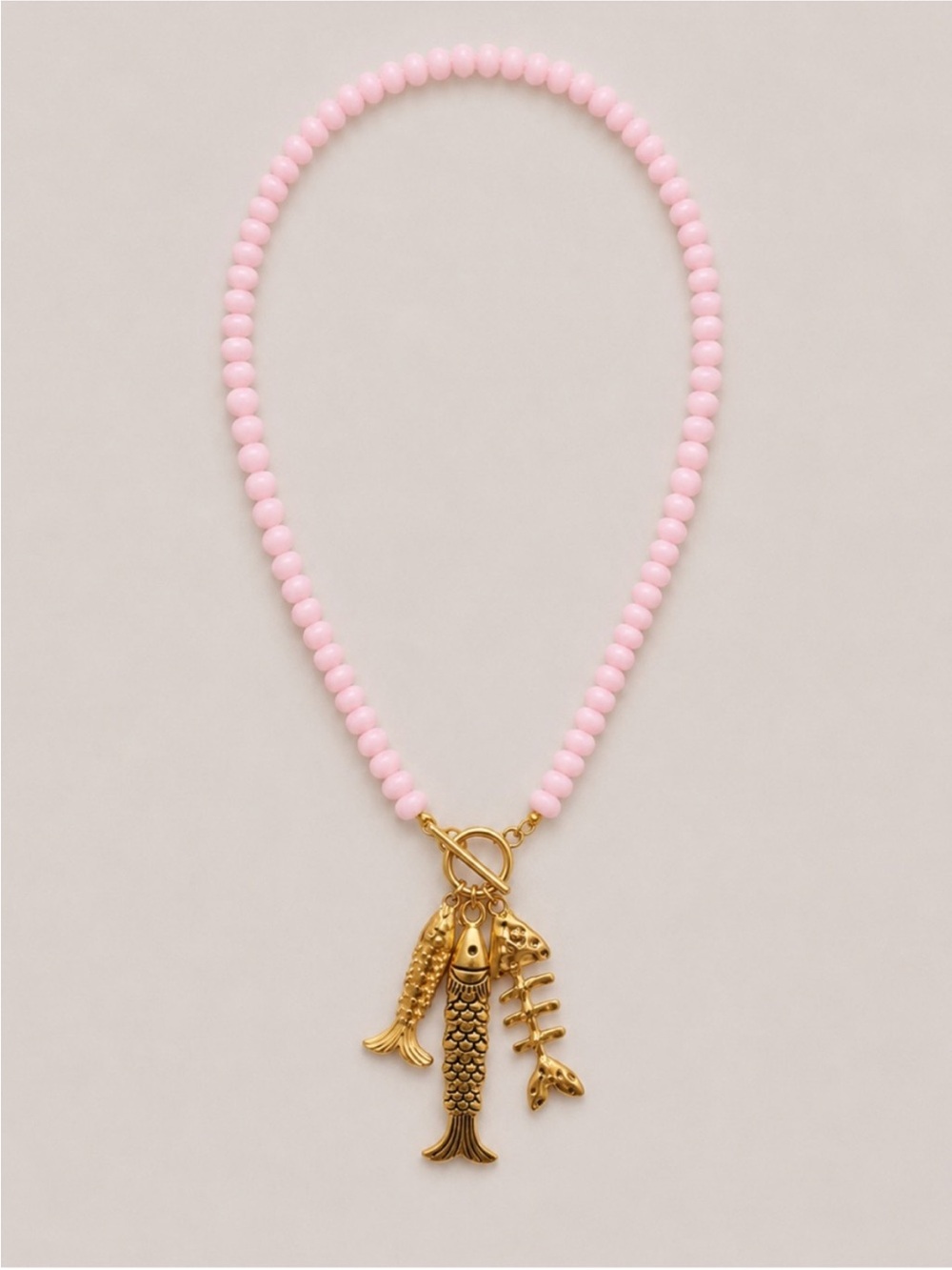 New! Light Pink Beaded Gold Fish Toggle Coastal Necklace NWOT 5052